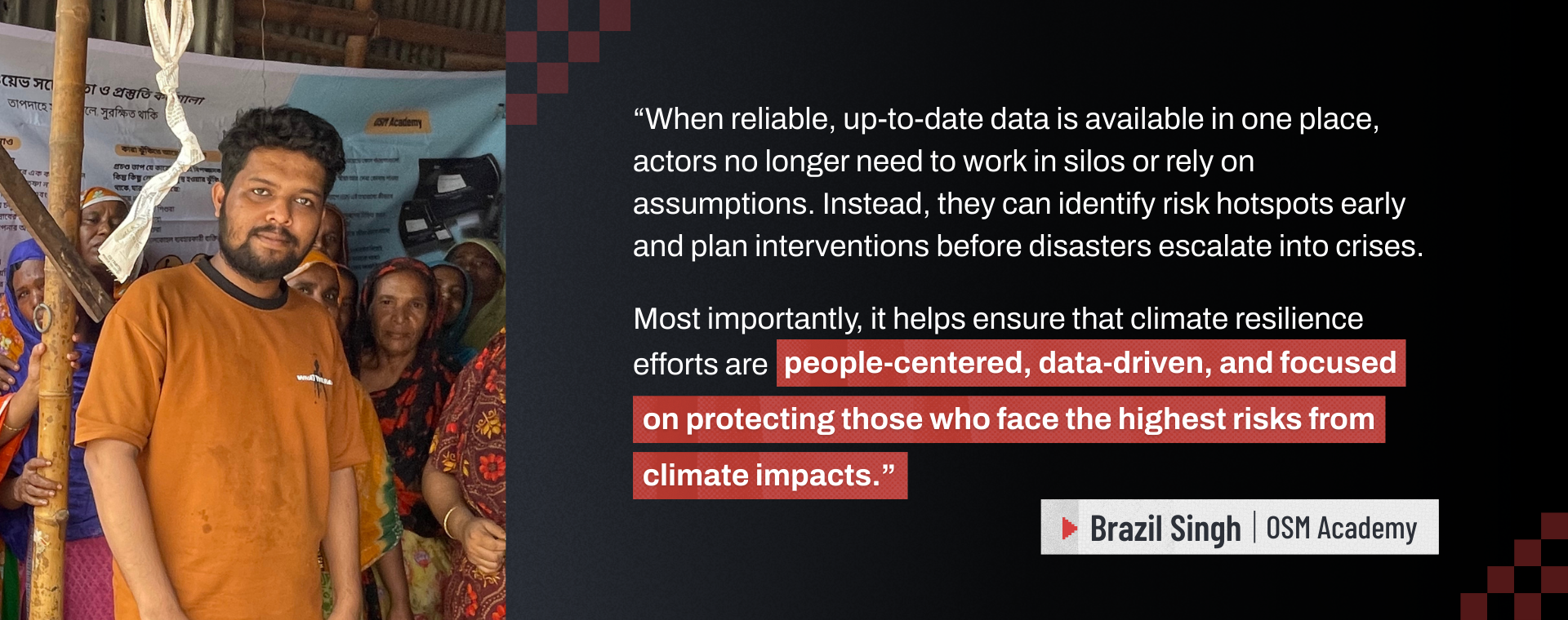 Fellows from the Climate Resilience Fellowship shared their insights on how a centralized data hub like Dhaka Thrive, which includes information on places often underrepresented on maps such as informal settlements, can transform the way local actors, stakeholders, and communities work toward building climate resilience. | Photo: OSM Academy