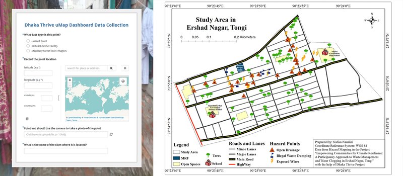 The Dhaka Thrive Dashboard’s KoboToolbox questionnaire guided the team on which types of hazard points to collect. The data was then used to create a visual map crucial for the project’s next steps. | Map visualization: Nafisa Nandini / The Resilient Trashformers