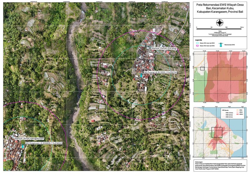 Map showing recommended potential locations for future early warning system installations in Ban Village. | Map visualization: BPBD Karangasem and BPBD Bali