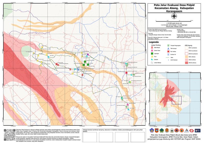 Map of evacuation routes in Pidpid Village, Karangasem, visualized using data contributions from ChatMap | Map visualization: BPBD Karangasem, BPBD Bali, and Pidpid Village community members
