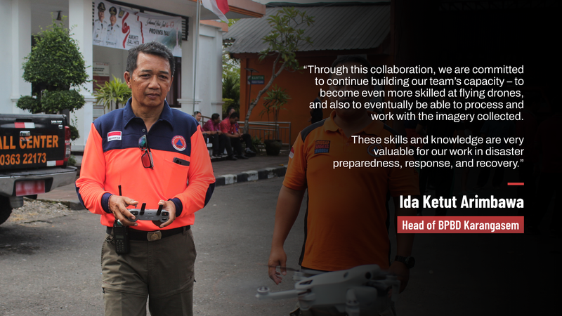 For Ida Ketut Arimbawa, Head of BPBD Karangasem, the collaboration has brought many new insights and possibilities. For example, seeing a demo where HOT transformed imagery from DroneTM into 3D maps made him excited for the potential that the BPBD team can develop the same skill in the future. | Photo: Tony Liong / Open Mapping Hub - Asia Pacific