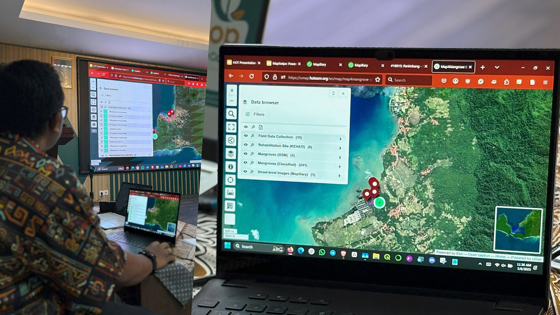 The AP Hub team showcased the Map4Mangrove dashboard prototype to local partners and stakeholders during the Blue Carbon Program stakeholder workshop. (May 2025) | Photo: Tony Liong / Open Mapping Hub - Asia Pacific