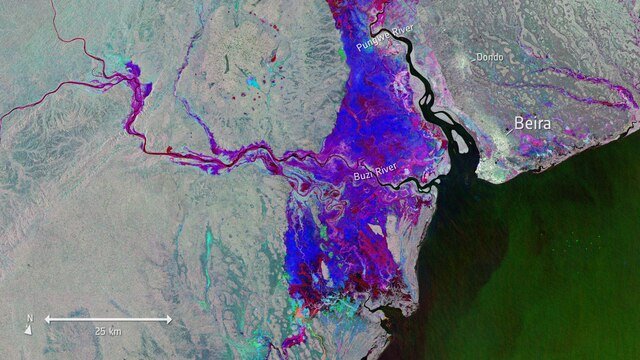 Copernicus Sentinel-1 image indicates where the flood waters are finally beginning to recede in Zimbabwe during the March 2019, Cyclone Idai | Photo: European Space Agency